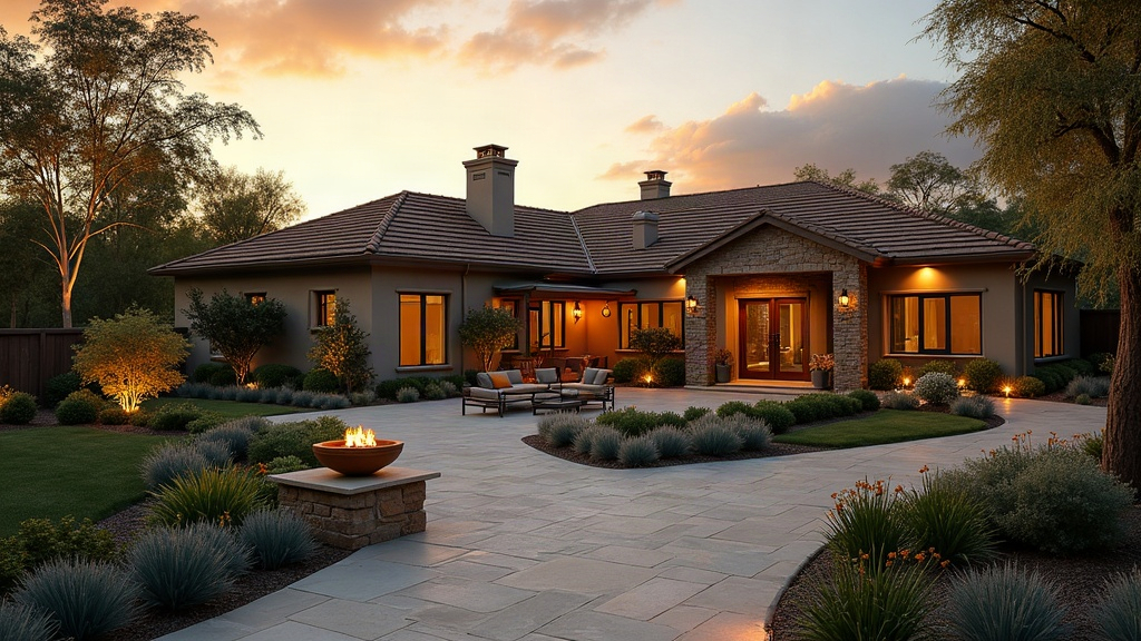 Wide cinematic view of irrigation and landscape supply yard at golden hour